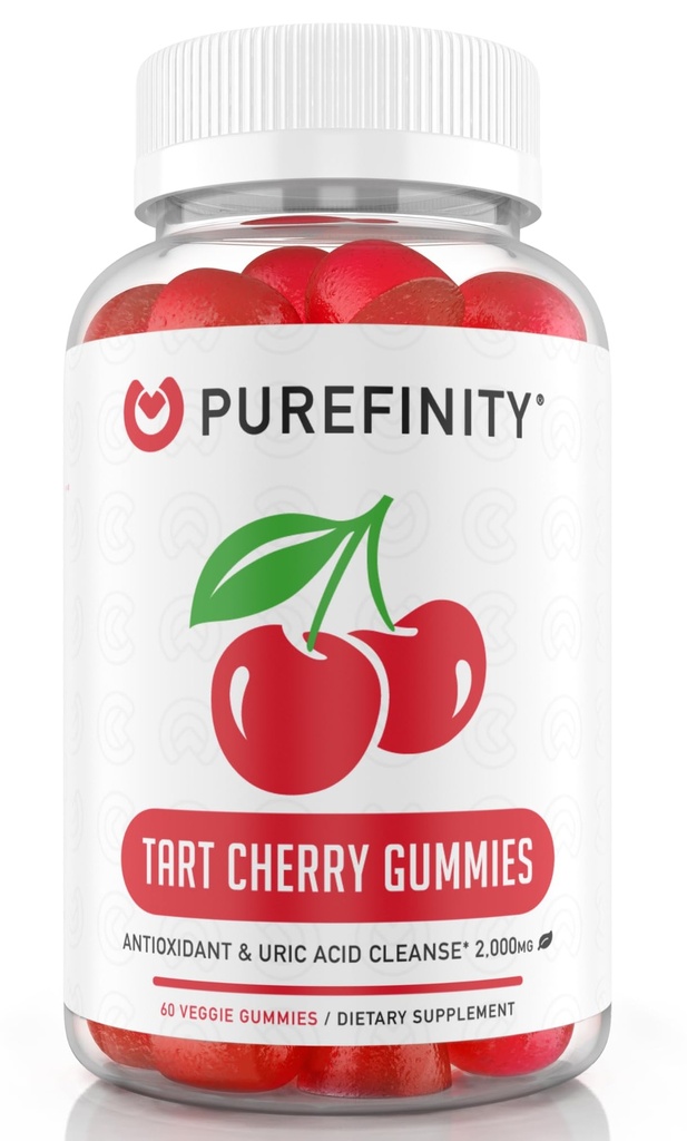 PUREFINITY Tart Cherry Gummies – Uric Acid Flush for felles relief & Recovery, Raw Juice Extract Antioksidant – Ikke-GMO, Glutenfri, Vegansk, 60 greve