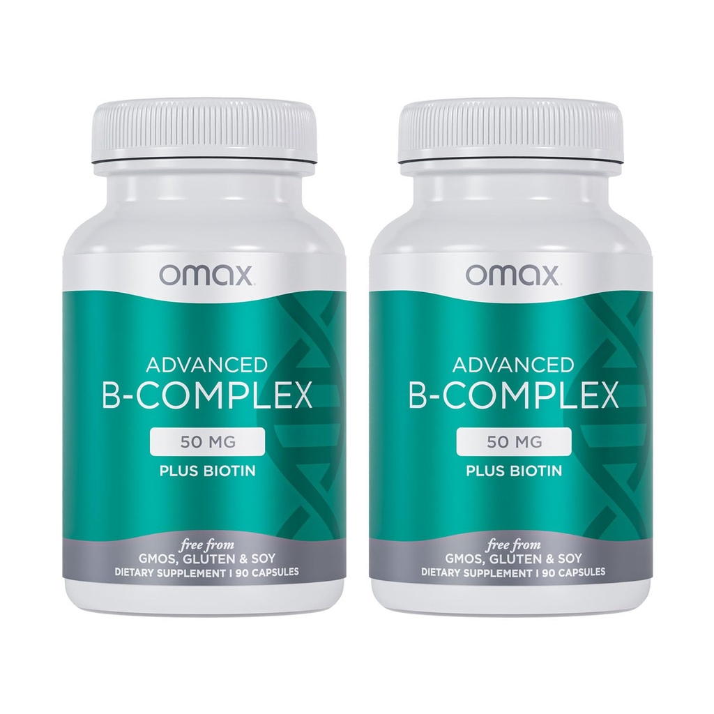 Omax3 2 flasker - Avansert vitamin B-kompleks 50MG med biotin | Sterkt og skinnende hår, huden negler, støttestress, immunitet, energimetabolisme, 90 kapsler/per flaske