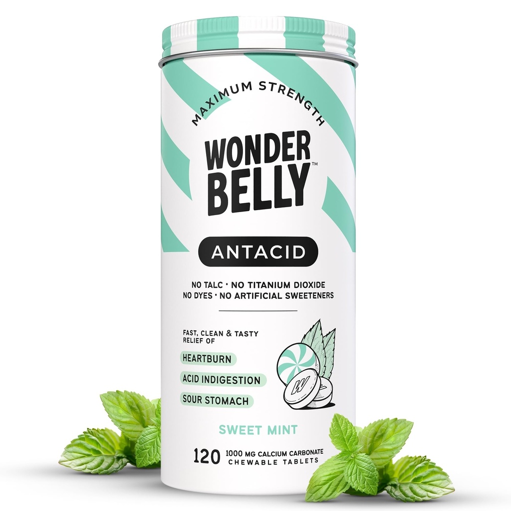 Wonderbelly Antacid, effektiv Heartburn og Instant Acid Indigestion Relief, Extra styrke Chewable tabletter, 1000 mg kalsiumkarbonat, ingen Talc eller Dye, Sweet Mint, 120 greve