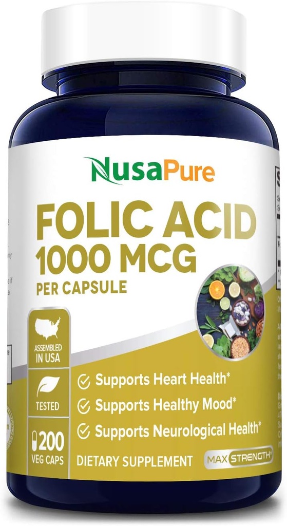 NusaPure Folinsyre 1000mcg 200 Veggie Caps (Non-GMO, Vegetarisk, Glutenfri)