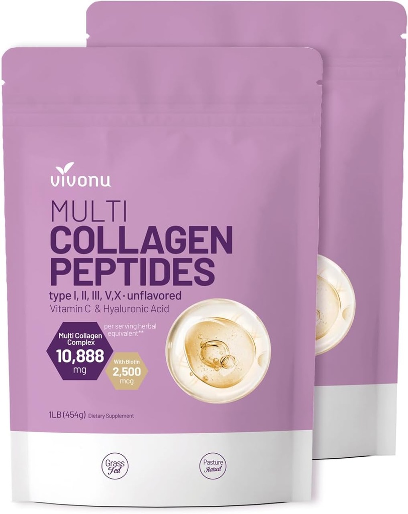 VivoNu Multi collagen Peptider pulver, 16 Oz Hydrolysert Protein Peptider Type I,II,III,V,X med Hyaluronsyre, Biotin & vitamin C Unflavored Keto Paleo Vennlig, Ez Mix i drinker (2LB/2Pack)