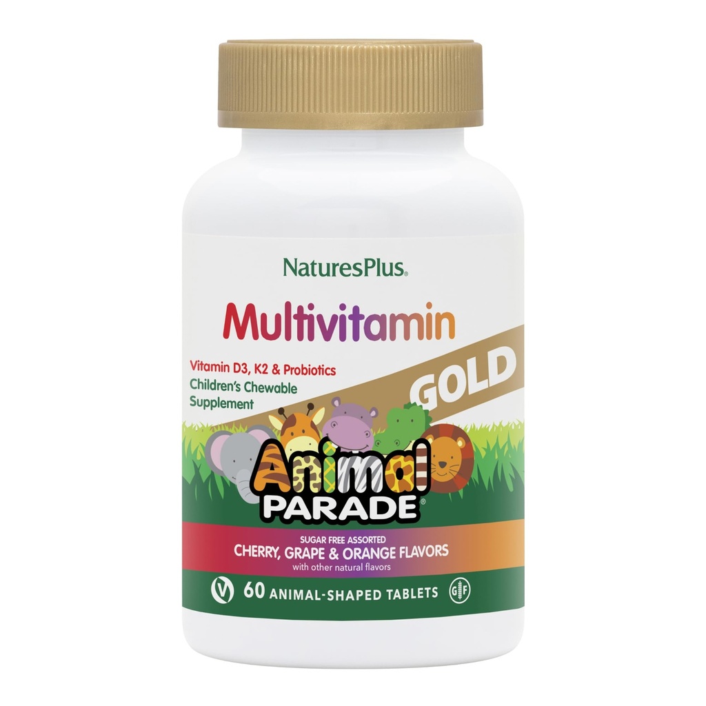 Natures Plus Animal Parade Kilde til livet Gull Barn Chewable Multivitamin - Assortert Cherry, Orange & Grape Flavors - 60 Chewable Tabletter - Vegetarisk, Glutenfri - 30 Services
