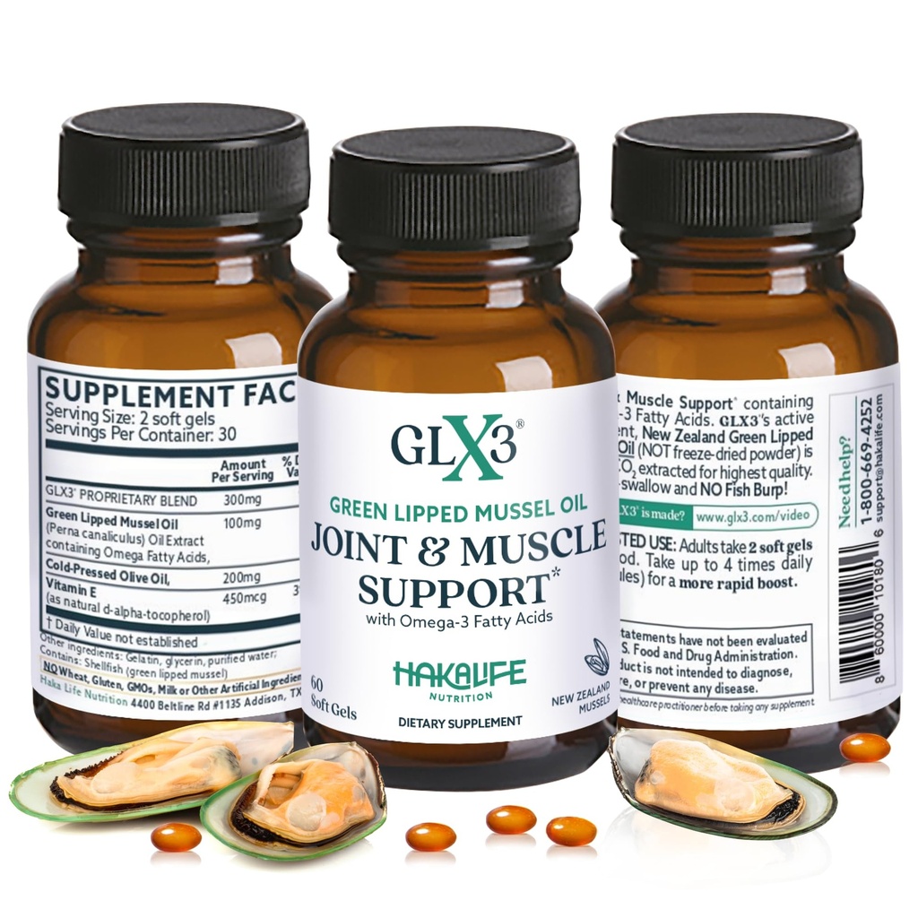 GLX3 Grønn Lipped Mussel Olje Kapsler for felles og muskel støtte | Ekstra styrke ETA, EPA, DHA Omega-3 Grønn Lipped Mussel Supplement for komfort, Fleksibilitet og gjenoppretting av HakaLife GLX3