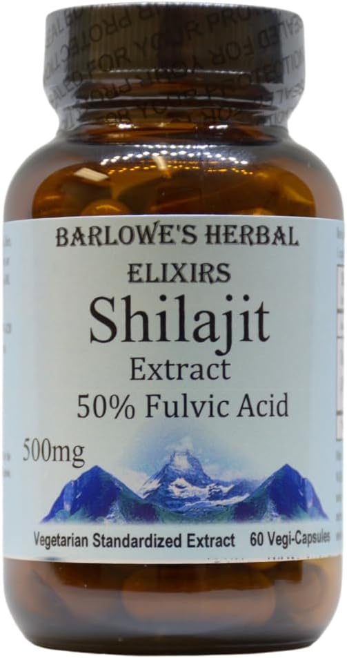 Barlowe's Herbal Elixirs Shilajit Ekstrakt | 500 mg per kapsel | 50% Fulvic Acid | Mineral-Rich Himalayan Supplement for vitalitet og velvære | 60 Vegan Kapsler | Ikke-GMO, Glutenfri, Glassflaske