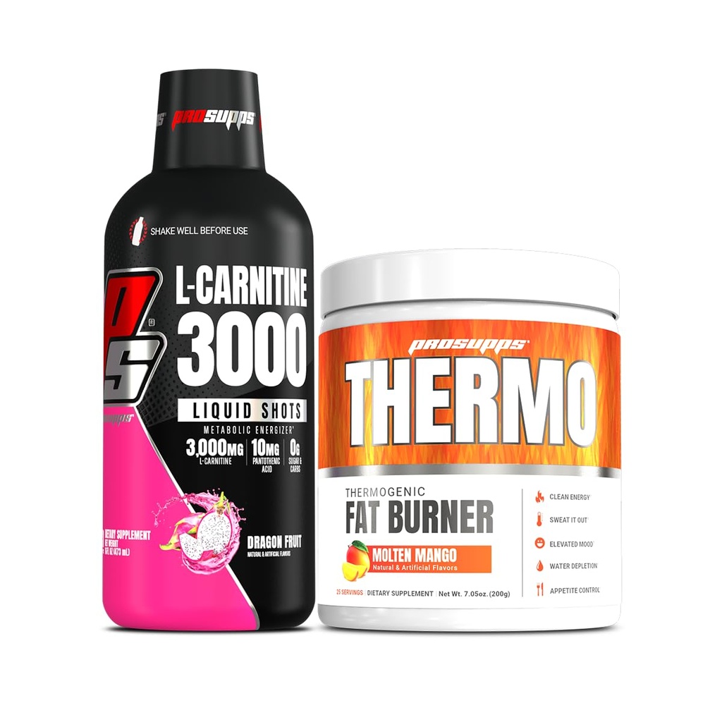 PROSUPPS L-karnitin 3000 stimulant gratis flytende bilder (31 serveringer, Dragon frukt) og termo fettforbrenning termogen pulver (25 serveringer, smeltet mango)