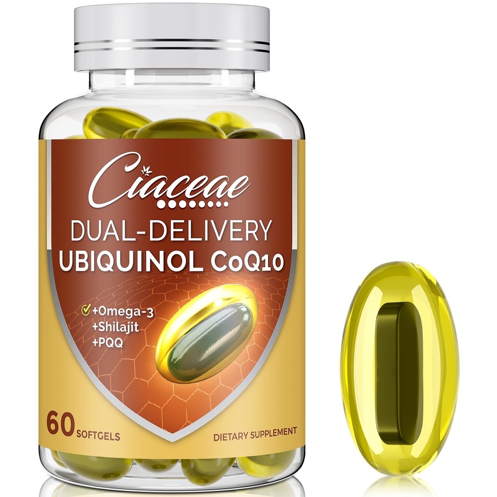 Ubiquinol CoQ10 600 MG Softgels med Omega-3 & Shilajit & PQQ, Advanced Dual-Delivery Coenzyme-Q10, Active CoQ10 Ubiquinol Supplement for fertilitet, antioksidant, hjerte, hjerne og energi, 60 Serveringer