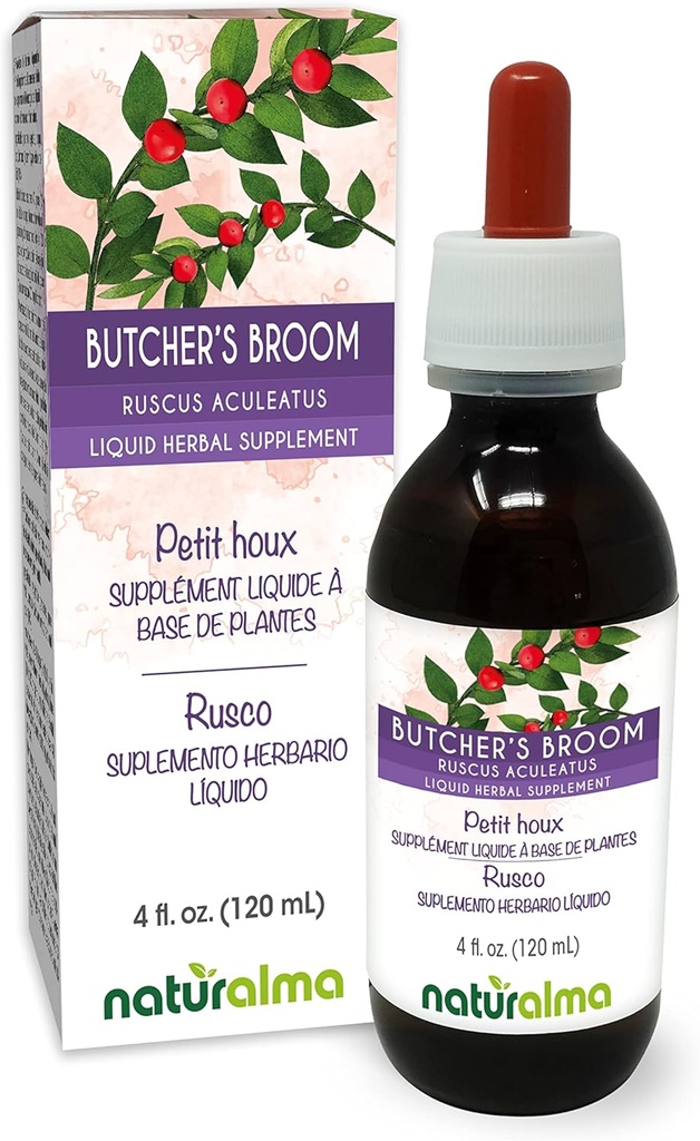 Naturalma Butcher's Broom (Ruscus akuleatus) Root alkoholfri tinktur - 4 fl oz flytende ekstrakt i Drops - Herbal Supplement - Vegan