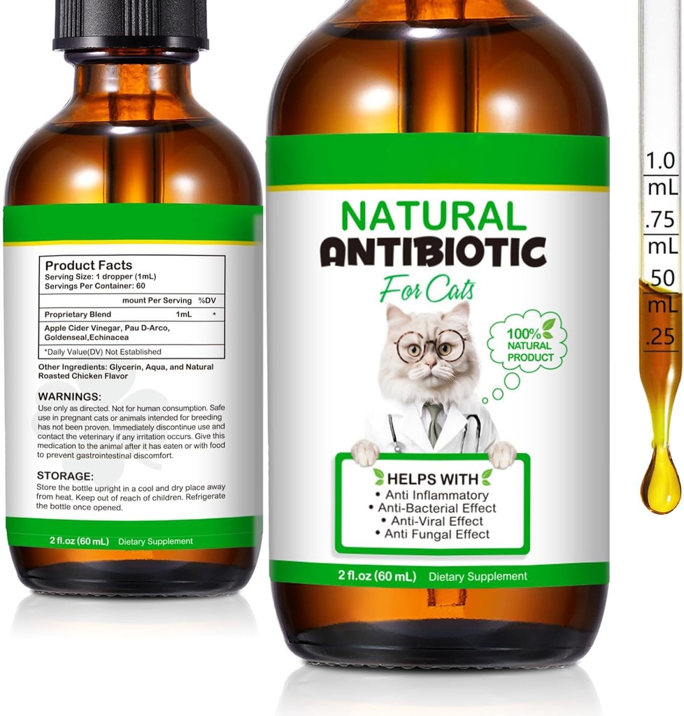60ML Antibiotika for katter, Premium Cat Antibiotika Supplement, Cats Multivitamin, Naturlig Antibiotika for katter, Kattantibiotika, Katt Antibiotika støtter immun- og katteallergi Relief-2 Fl Oz