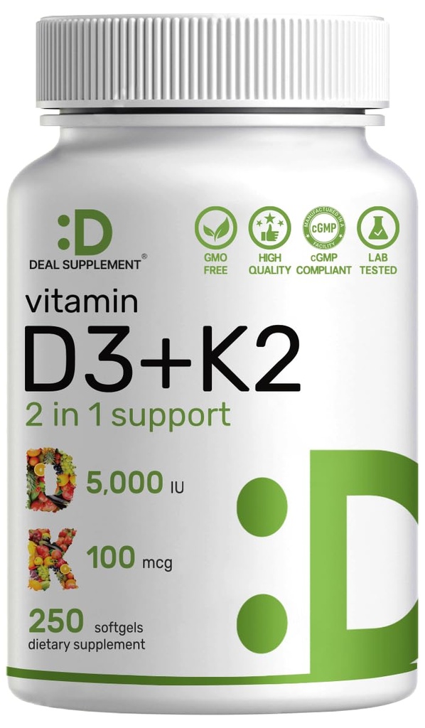 DEAL Supplerende Vitamin D3 5000 IE + K2 MK7 Softgels, 250 greve | 2-i-1 Kompleks |