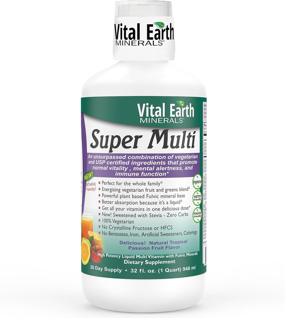 Vital Earth Minerals Super Multi - flytende multivitaminer for kvinner, menn og barn, flytende vitaminer med fulvsyre for bedre absorpsjon, MTHFR støtte, 32 Oz + 1 Oz Cup