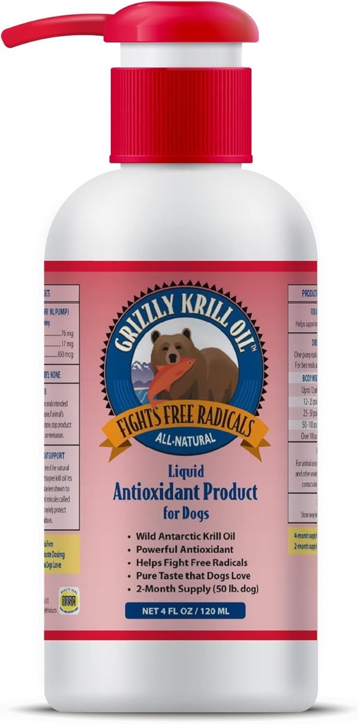 Grizzly Wild Antarctic Krill olje all-naturlig antioksidant hundemat kosttilskudd, 4 oz