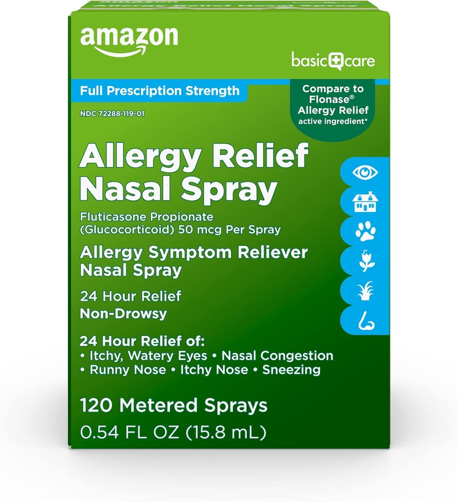 Basic Care 24-timers Allergi relief Nasal Spray, Fluticason Propionat (Glucocorticoid), 50 mg Per Spray, Full reseptstyrke, Ikke-Drowsy, 0,54 floz (Pack of 1)