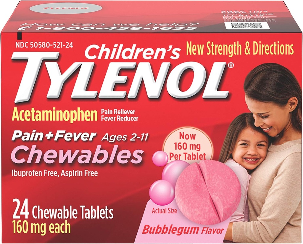 Barn Tylenol Chewables, Acetaminophen for smerte og feber lindring, Bubble Gum, 24 ct