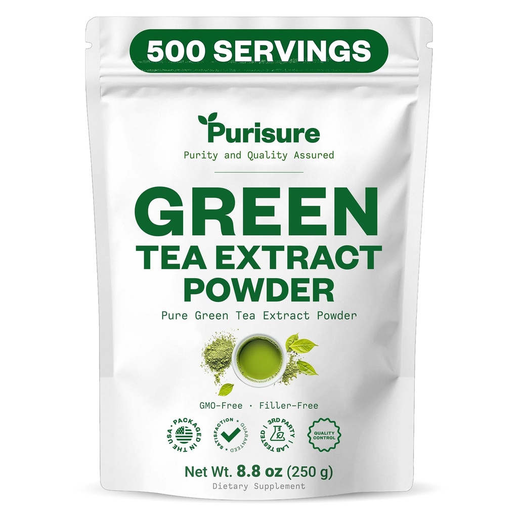 Purisure Grønn Te Ekstrakt | Powdered Te fra Premium Grønn Leaf | Unsweeted Vegansk Te for Latte & Smoothie Oppskrift | All-Naturlig Antioksidant Grønn Tepulver med EGCG & Polyphenoler | 500 Serveringer