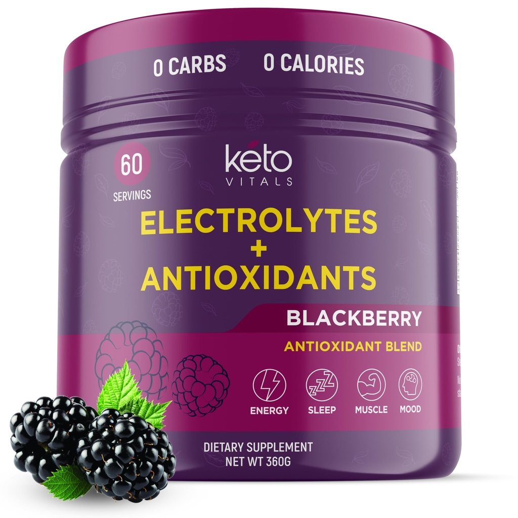 Keto Vitals Antioksidant Elektrolyser pulver - Bland ketoelektrolytter med kalium, magnesium, natrium, og kalsium - Ingen sukker Electrolyte Drink Blande & Hydration pulver, 60 serveringer, BlackBerry