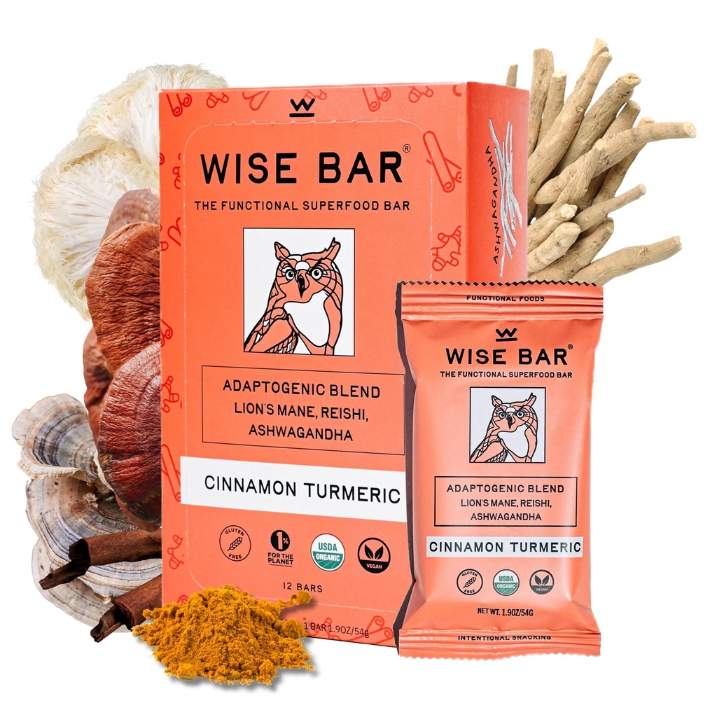 WISE BAR Adaptogen Mushroom Nutrition Bars med Reishi, Lions Mane & Ashwagandha, Organisk Vegansk & Glutenfri Snacks for naturlig fokus, Energi og immunitetsstøtte, Cinnamon Turmeric Flavor, 12 greve
