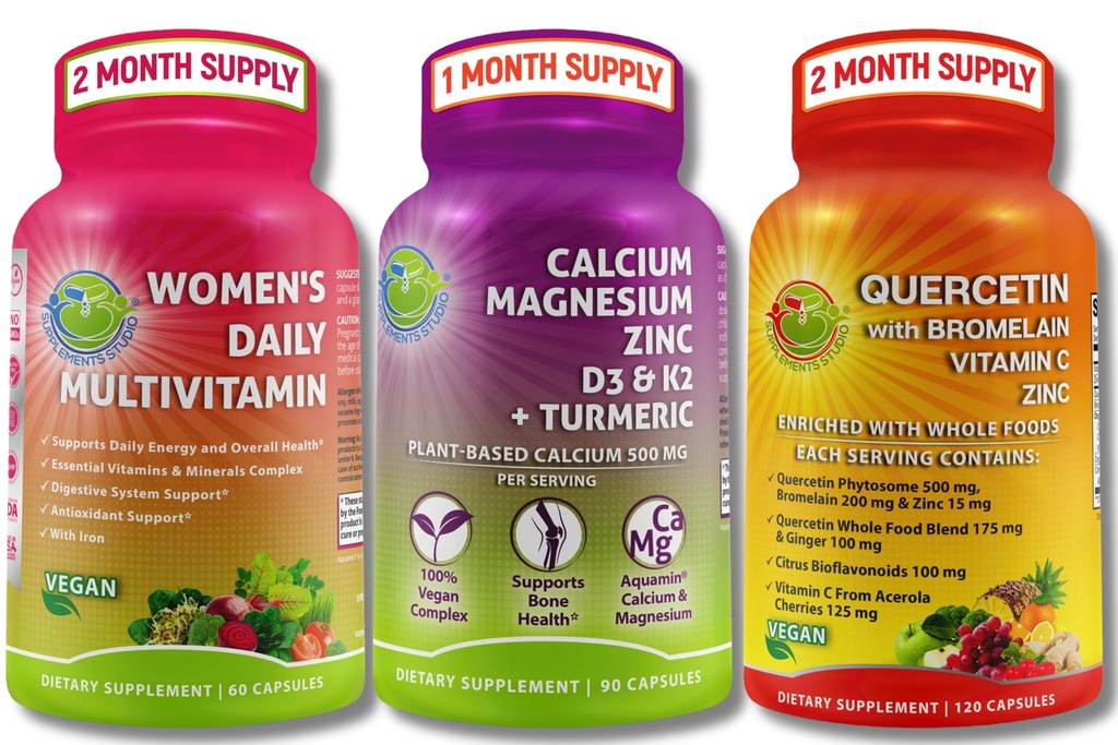 Plantebasert immun-, bein- og energistøtte Bundle – Quercetin med Bromelain, vitamin C & Zinc + kalsium Magnesium med D3, K2 & Turmeric + Kvinners multivitamin med jern og organisk supermat