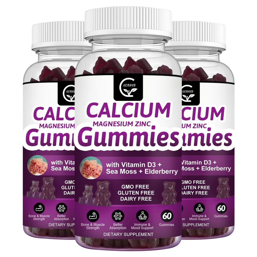 Kalsium Magnesium Sink Gummier med høy absorpsjon Magnesium Glycinat Kalium - Plantekompleks Kalsium Magnesium 2:1 Ratio, med D3 Sea Moss for Bein, Muskler, Immun & søvn støtte, Vegan-3 Pack