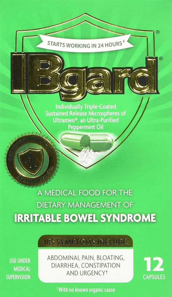 IBgard for irritabel Bowell syndrom (IBS) Relief Bloating gass 12 kapsler liten boks 90 mg Ultra renset peppermynteolje bra for første timers