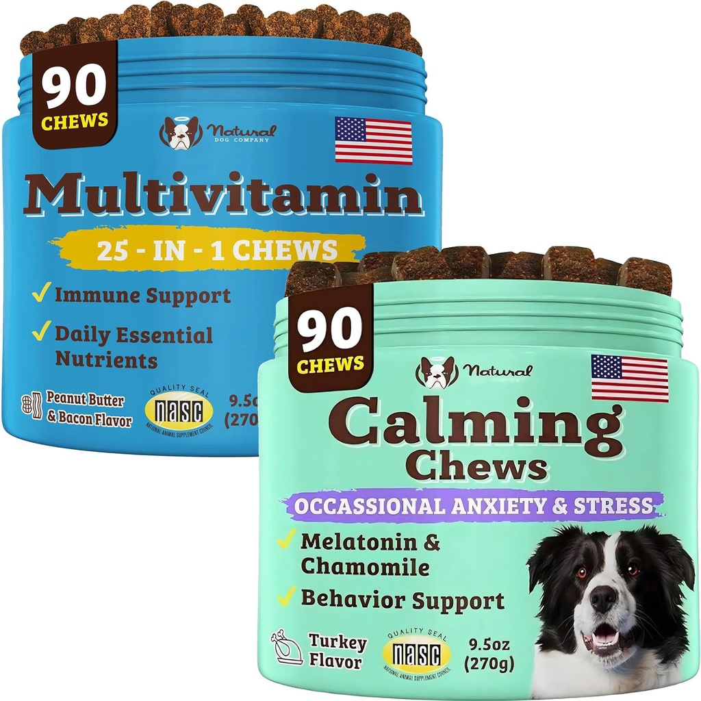 Naturlig hundeselskap Multivitamin og beroligende kosttilskudd Bundle, daglige næringsstoffer og angst lindring for hunder, støtte felles helse, hud og Coat, redusere stress fra støy og reise, essensielle vitaminer