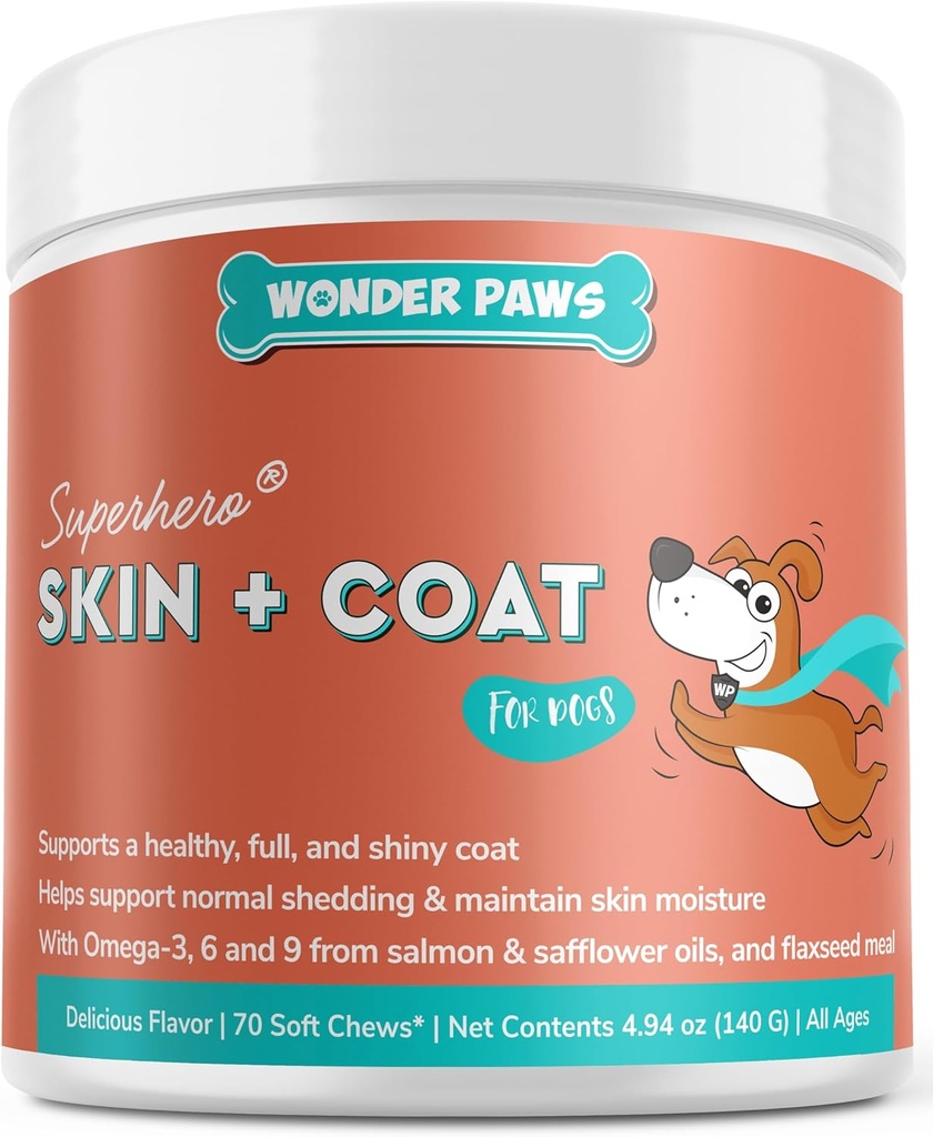 Wonder Paws Skin & Coat Supplement for hunder med lakseolje, Omega 3 & 6, EPA & DHA, fremmer sunn hud og Coat, kløende relief, felles og generell helse, Delicious Flavor, 70 hud og frakk Soft Chews
