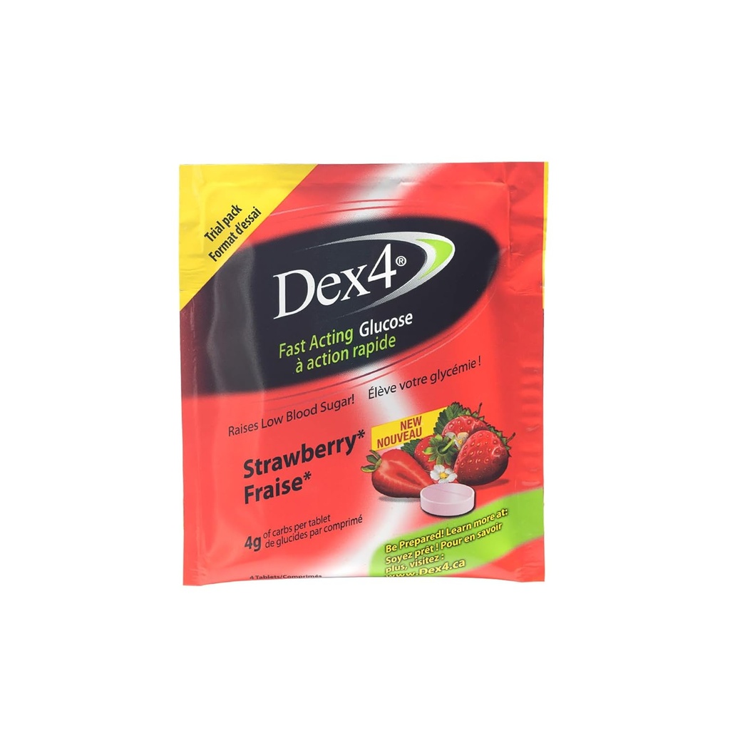 Dex4 glucosetabletter, Jordbær, 48 Individuelle lommepakninger inneholdende 4 tabletter, hver tablett inneholder 4g karbohydrater