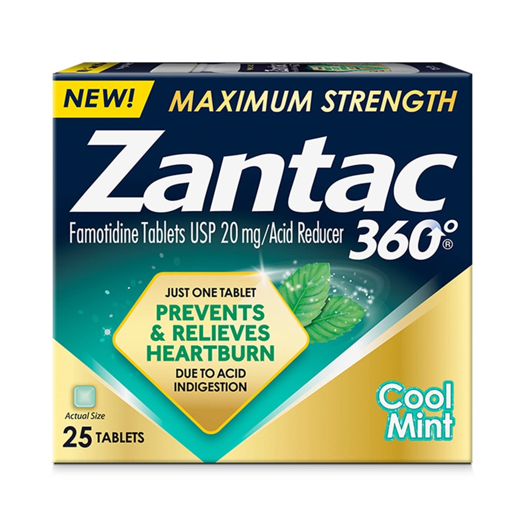 Zantac 360 Maks styrke, kul mynte, 25 greve, Heartburn Forebygging og lindring, 20 mg tabletter
