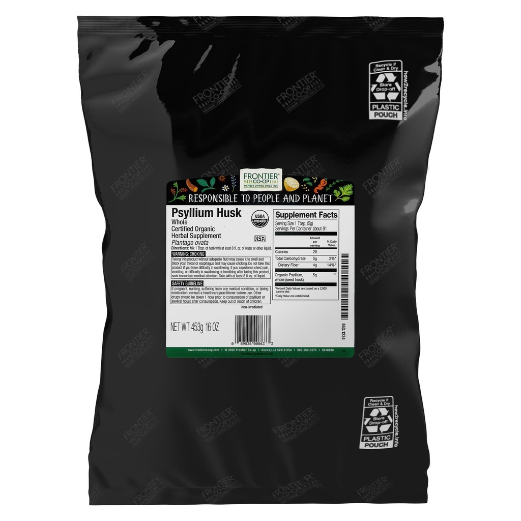 Frontier Co-op Organic Psyllium Husk 1lb - Hele Psyllium Husk, Økologisk & Kosher - Psyllium Husk Fiber for baking, Psyllium Næringstilskudd for Digestion, Psyllium Husk Powder Bulk