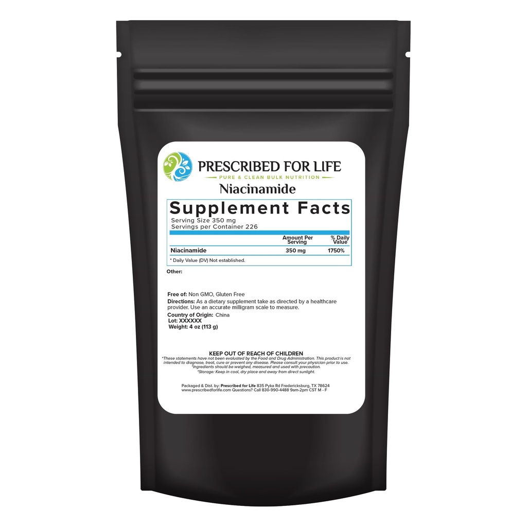 For livet Niacinamid pulver (B-C), fin granulært USP-vitamin B3 pulver, Naturlig Nikotinamid Supplement, Glutenfri, Ikke GMO, Vegan, Niacinaminamida Pura (4oz / 113g)