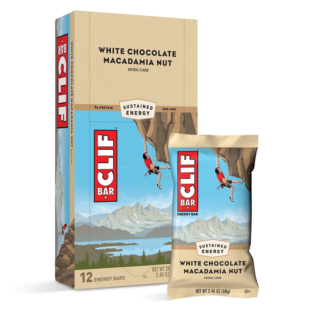 Clif Bars - Energibarer - Hvit sjokolade Macadamia Nut Flavor - laget med organisk havre - Plantebasert mat - Vegetarian - Kosher (2.4 Ounce Protein Bars, 12 Count) Emballasje May Vary