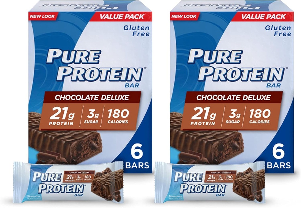 Pure Protein Bars, Høyt protein, Nærende Snacks for å støtte energi, Lavt sukker, Glutenfri, Sjokolade Deluxe, 6 greve (pakke med 2)