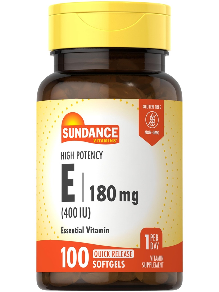 Sundance Vitamin E 180mg (400 IU) | 100 Quick Release Softgels | høy styrke formel | Ikke-GMO og Glutenfri Supplement