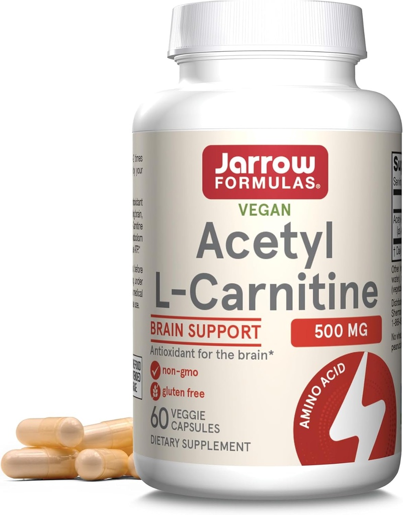 Jarrow Formler Acetyl L-karnitin Kapsler - 500 mg - 60 greve - For hjernens helse og fettsyremetabolisme - Grønnsaker Kapsler - Ikke-GMO - Glutenfri