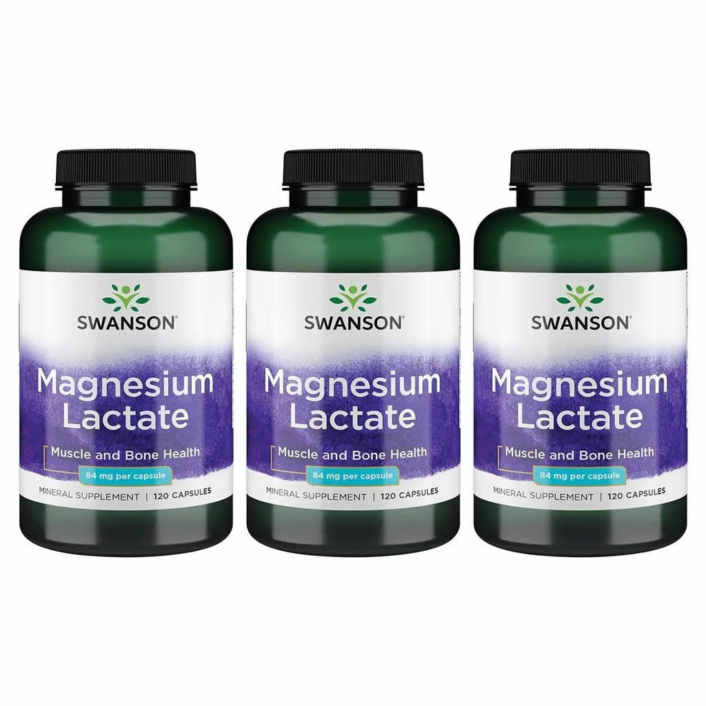 Swanson Magnesium Lactate - Mineral Supplement som fremmer muskel- og beinhelsestøtte - Lactate Free Lactate Mineral Form for Gentle Absorpsjon - (120 Kapsler, 84 mg Hver) 3 Pakke