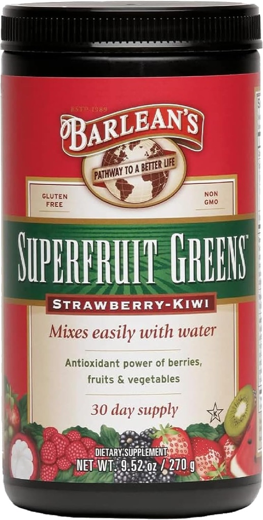 Barleans Superfrukt Grønn pulver med antioksidant kraft av bær, frukt og grønnsaker - Jordbær Kiwi Flavor - Vegansk, ikke-GMO, Glutenfri - 9,52 oz