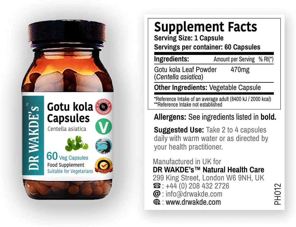 DR WAKDE'S Gotu kola Capsules (Mandukparni, Centella asciatia, 60 Veg Caps, Plantebasert Supplement, Ayurvedic Herb, Alle naturlige, Vegan)