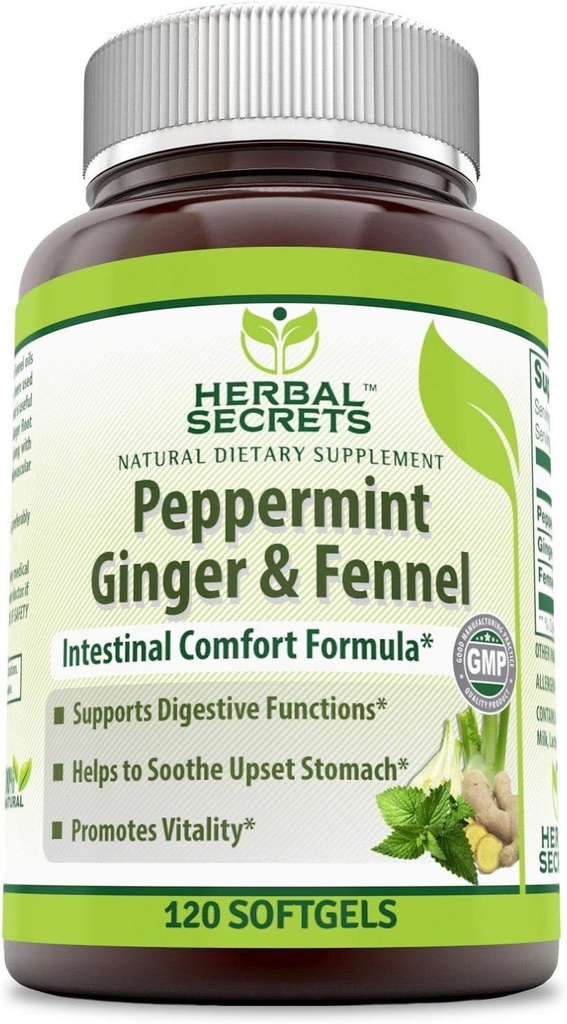 Herbal Secrets Peppermynt Ginger & Fennel 120 Softgels (Non-GMO) - Støtter Digestive funksjoner* - fremmer vitalitet* - Hjelper til Sooth Upset Mage *