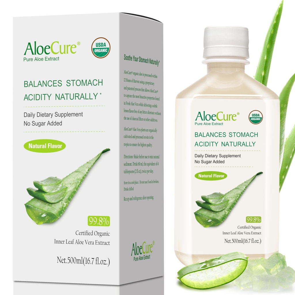 AloeCure USDA Organic Aloe Vera Juice laget innen 12 timers høst - ren aloe Juice naturlig digestiv kosttilskudd for å støtte digestion, immunsystem og balansert magesyre, 500ml flaske