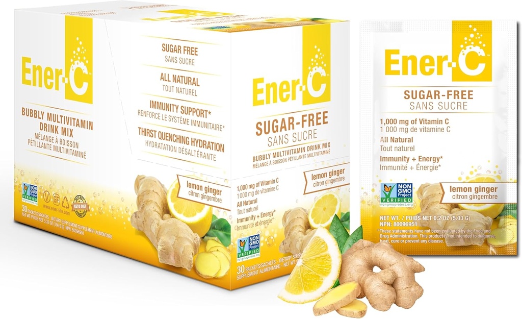 Ener-C Sukkerfri sitron Ginger Multivitamin Drink Blande, 1000mg Vitamin C, Ikke-GMO, Vegan, Ekte Frukt Juice pulvere, Naturlig immunitetsstøtte, Electrolytes, Glutenfri, 1-Pack 30