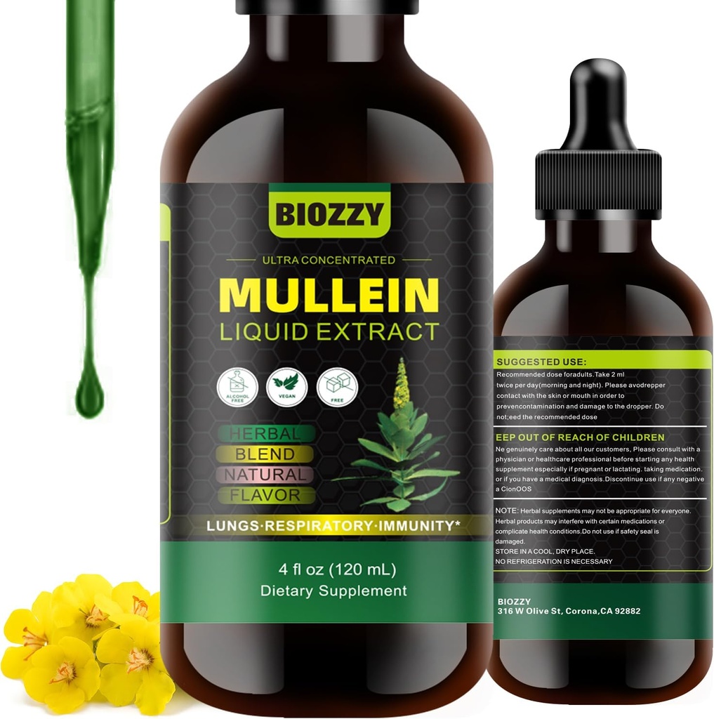 Generisk Mullein Drops for Lungs ® Mullein Leaf Ekstrakt for andning og Lungs Støtte ® Mullein Extract Supplement flytende