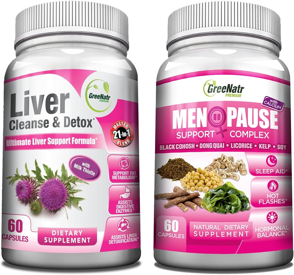 GreeNatr Synergiell Bundle - Herbal Menopause Support Complex for Hot Flashs, Natt Swets & Mood Swings Relief Plus Total Liver Revitalization med vår Synergistiske Liver Cleanse