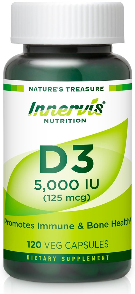 Høy potens Vitamin D3 5000 IU - Økt immunforsvar, støtte bein og tenner, lett å svelge 120 Veg Kapsler