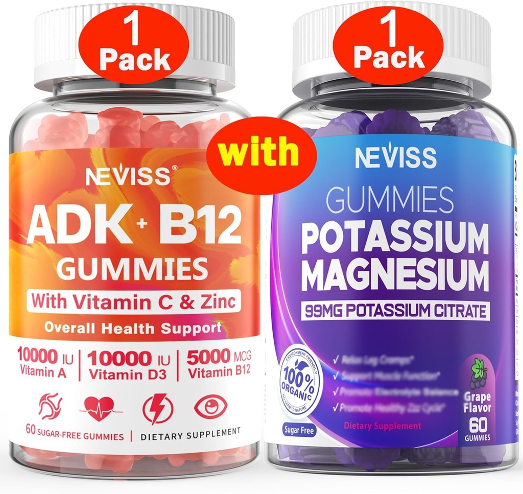 NEVISS 1Pack vitamin ADK med B12 + 1Pack Kalium Magnesium Gummies