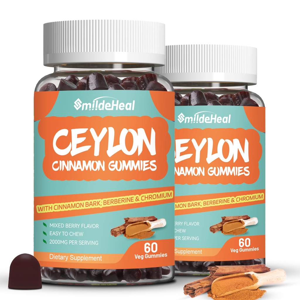 2 pakke sukker gratis ceylon kanel gummier 2000MG, kanel Supplement med krom og kanel bark, vegansk, ikke-GMO, glutenfri,120 gummier