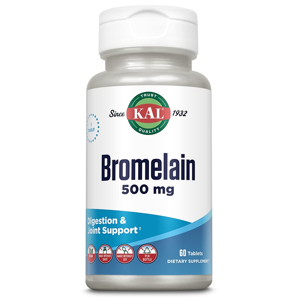 KAL Bromelain 500 mg, Digestion og felles støtte Supplement, Digestive Enzymer, Pineapple Extract, Rapid Disintegrasjon, Vegan, laget uten darlig eller soya, Lab verifisert, 60 serveringer, 60 tabletter
