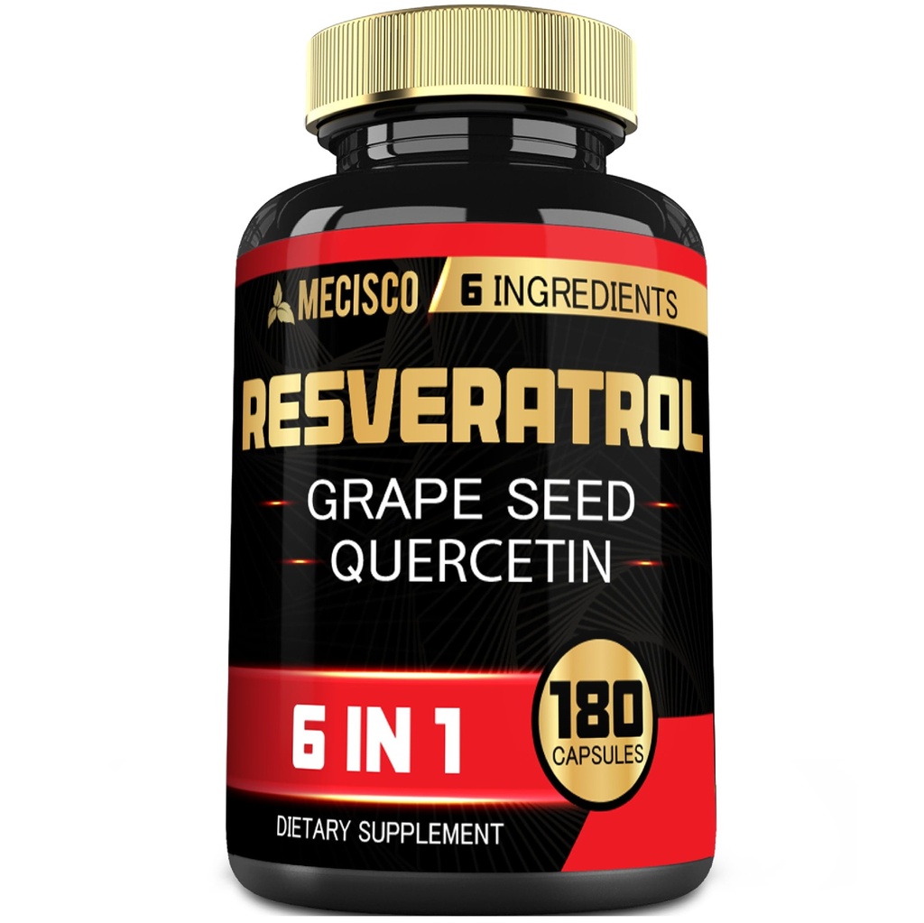 6in1 Trans Resveratrol Supplement med Grape Seed, Melke Thistle, og mer - Resveratrol 1000mg - Støtter for immunsystem, hjertehelse, kroppshåndtering - 180 kapsler