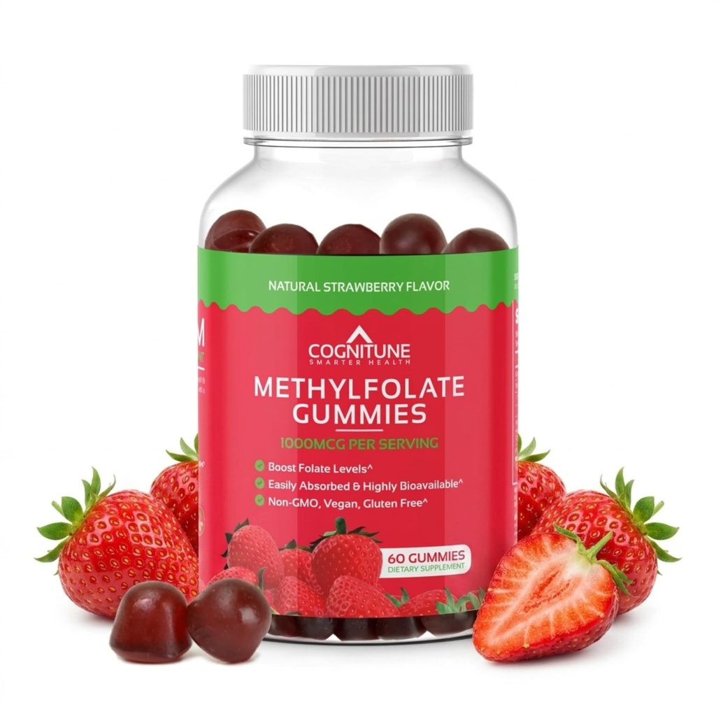KogniTune Metylfolate Gummier - lett å ta høy potens L-Metylfolat, Folat Supplement for hjerne, hjerte helse og immunitet, Delicious Strawberry Flavor, Ikke-GMO, Vegan, Glutenfri