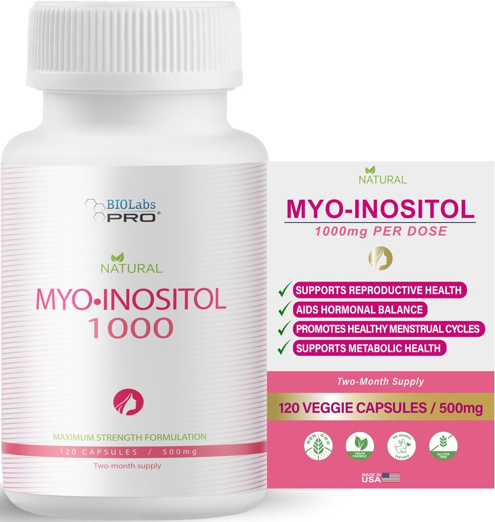 BIOLABS PRO Myo-Inositol Supplement 1000 mg – Naturlig kostholdsstøtte for cellulær helse og velvære, Premium ikke-GMO, Glutenfri, Kosher Certifisert, Parabenfri - (120 Caps - 2-måneders forsyning)
