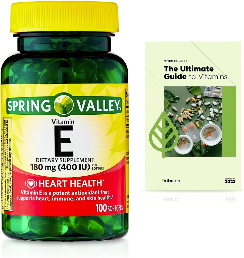 Spring Valley vitamin E hjerte helse kosttilskudd Softgels, 180 mg (400 IE), 100 greve + Eksklusiv VitaMax vitamin guide (2 elementer)