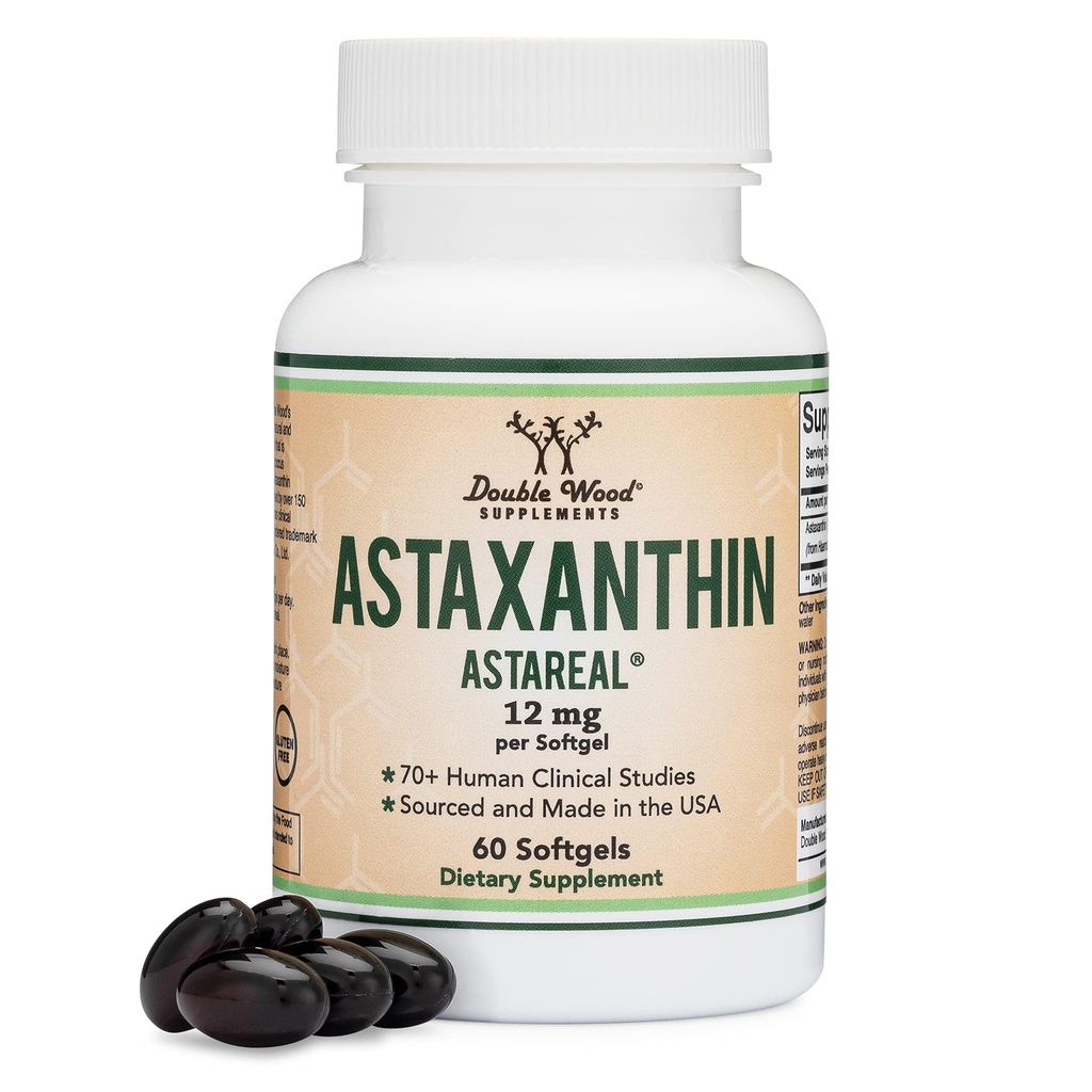 Astaxanthin 12 mg Maks styrke (bare Patentert Astaxanthin (Astrareal) med 70 + menneskelige kliniske studier - Verdens mest studerte merkevare) Vokset, høstet og laget i USA (Astaxantina) av Double Wood